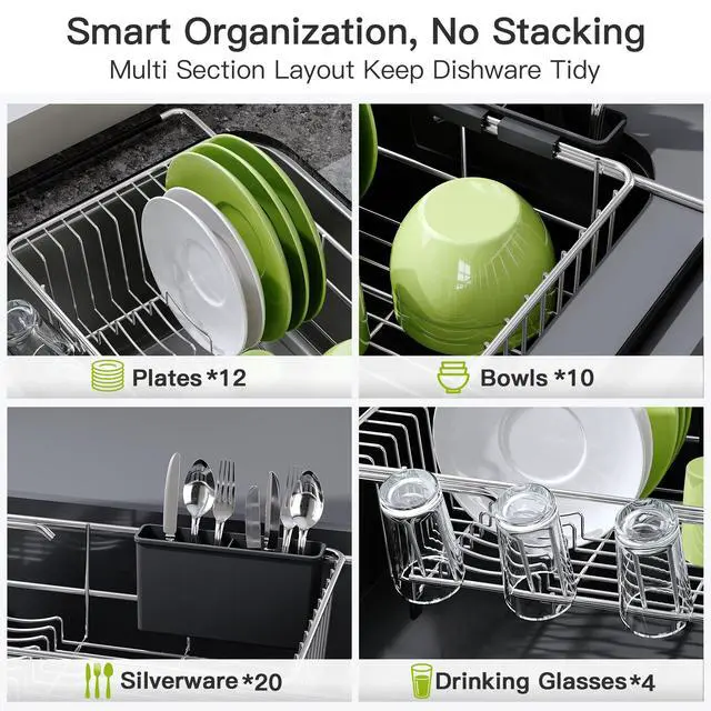 Alt view image 7 of 7 - Dish Drying Rack in Sink, Expandable Stainless Steel Dish Drainers for Kitchen Counter, Dish Dryer Rack for Inside Sink, Over The Sink Dish Racks with Utensil Holder, Silver