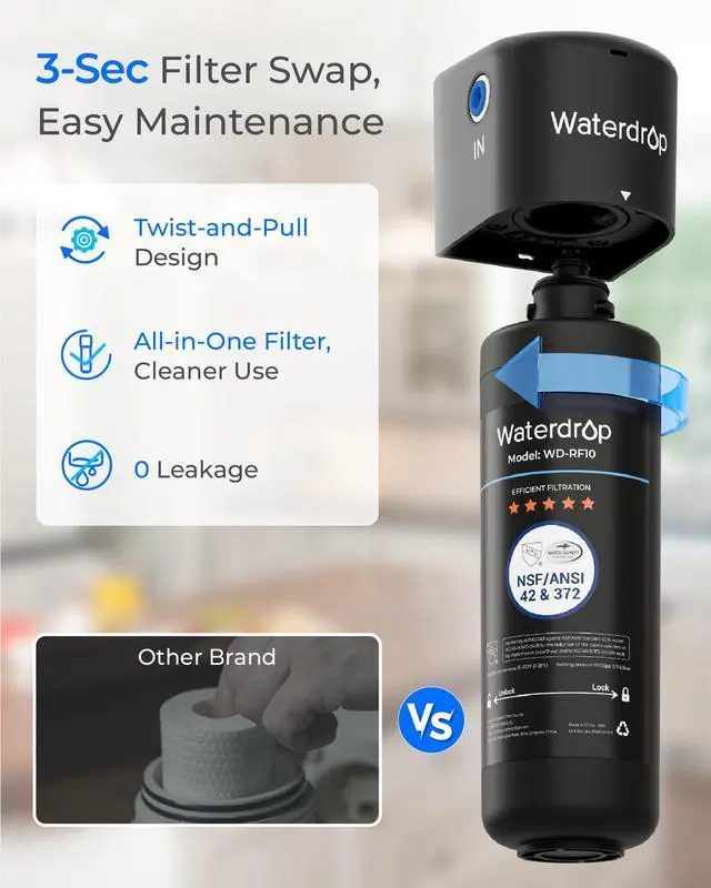 Alt view image 5 of 7 - RF10 Water Filter Replacement for Waterdrop 10UA/10UB/10UB-B Under Sink Water Filter, Reduces PFAS, PFOA/PFOS, Lead, Chlorine, Bad Taste & Odor, NSF/ANSI 42 Certified, 1 Year, 1 Pack
