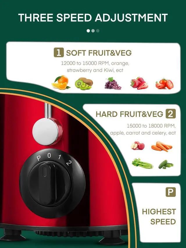 Alt view image 3 of 7 - Juicer Machine, Centrifugal Juicer 400 W Motor, 65MM Wide Chute for Whole Fruit and Vegetables, Juice Extractor with 3 Speeds, Upgraded Version Quick Juicing, Easy to Clean, BPA Free, Red