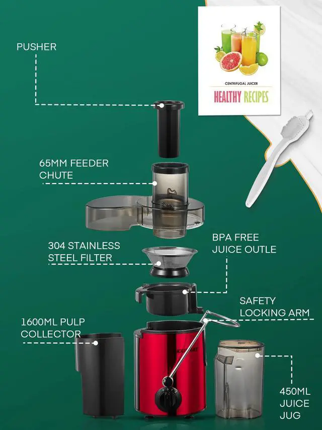 Alt view image 6 of 7 - Juicer Machine, Centrifugal Juicer 400 W Motor, 65MM Wide Chute for Whole Fruit and Vegetables, Juice Extractor with 3 Speeds, Upgraded Version Quick Juicing, Easy to Clean, BPA Free, Red