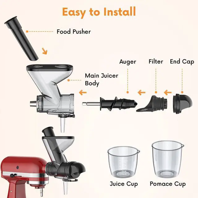 Alt view image 4 of 7 - Masticating Juicer Attachment for KitchenAid Stand Mixer, Cold Pressed Juicer Machine, Slow Juicer Attachment with Dual Feed Chute and Pusher