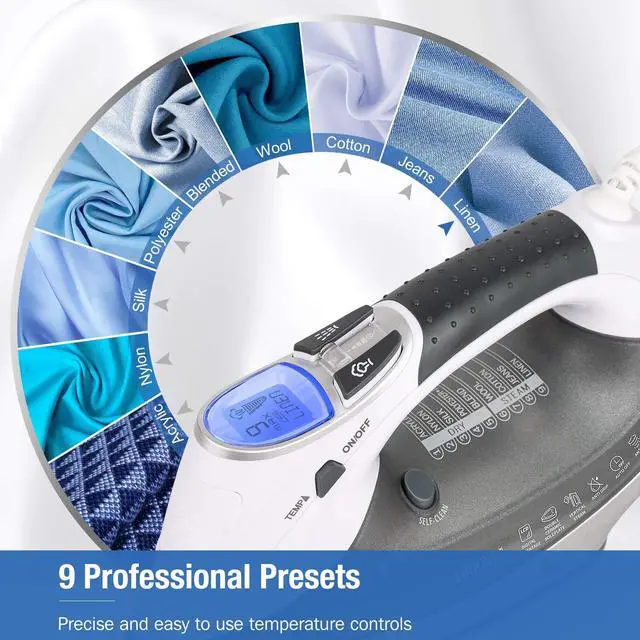 Alt view image 2 of 7 - 1800-Watt Steam Iron with Digital LCD Screen, Double-Layer and Ceramic Coated Soleplate, 3-Way Auto-Off, 9 Preset Temperature and Steam Settings for Variable Fabric Gray