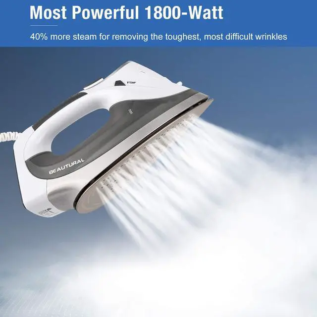 Alt view image 4 of 7 - 1800-Watt Steam Iron with Digital LCD Screen, Double-Layer and Ceramic Coated Soleplate, 3-Way Auto-Off, 9 Preset Temperature and Steam Settings for Variable Fabric Gray