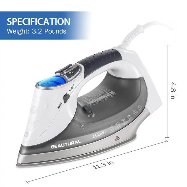 Alt view image 7 of 7 - 1800-Watt Steam Iron with Digital LCD Screen, Double-Layer and Ceramic Coated Soleplate, 3-Way Auto-Off, 9 Preset Temperature and Steam Settings for Variable Fabric Gray
