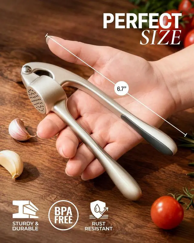 Alt view image 2 of 7 - Premium Garlic Press Set - Rust Proof Professional Garlic Mincer Tool - Easy-Squeeze, Easy-Clean with Soft, Ergonomic Handle - Silicone Garlic Peeler & Brush (Silver)