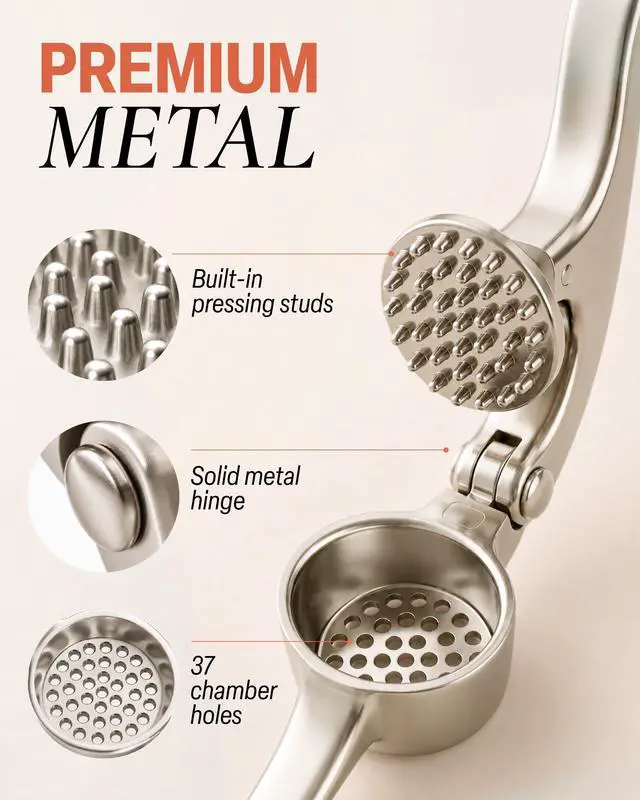 Alt view image 3 of 7 - Premium Garlic Press Set - Rust Proof Professional Garlic Mincer Tool - Easy-Squeeze, Easy-Clean with Soft, Ergonomic Handle - Silicone Garlic Peeler & Brush (Silver)