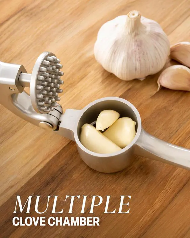 Alt view image 4 of 7 - Premium Garlic Press Set - Rust Proof Professional Garlic Mincer Tool - Easy-Squeeze, Easy-Clean with Soft, Ergonomic Handle - Silicone Garlic Peeler & Brush (Silver)