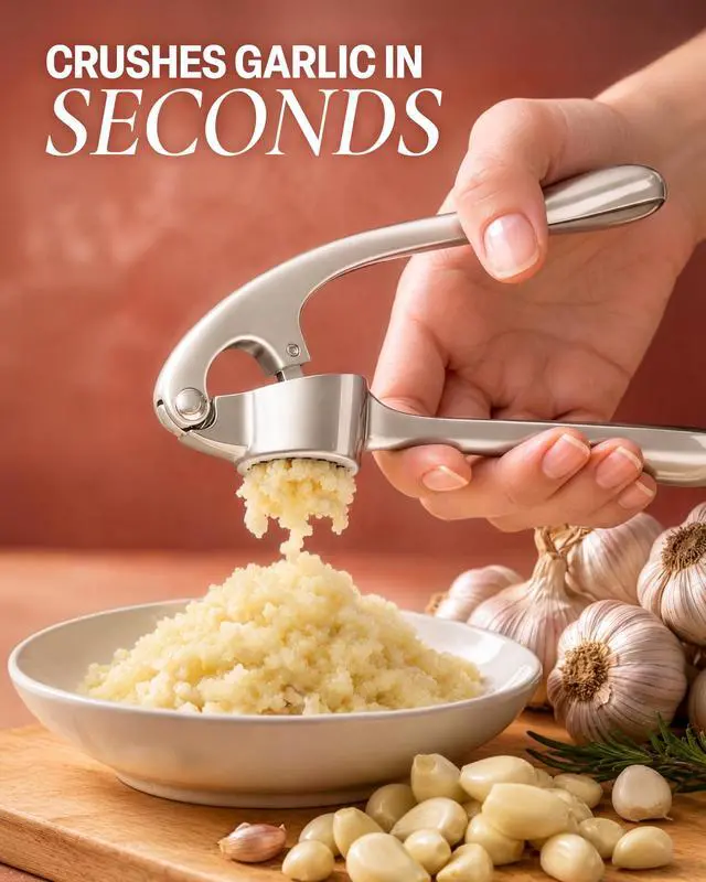 Alt view image 5 of 7 - Premium Garlic Press Set - Rust Proof Professional Garlic Mincer Tool - Easy-Squeeze, Easy-Clean with Soft, Ergonomic Handle - Silicone Garlic Peeler & Brush (Silver)