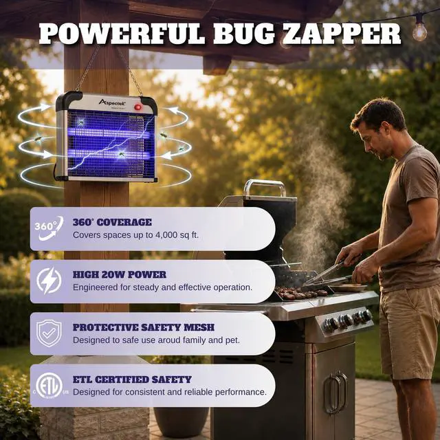 Alt view image 5 of 7 - Electric Bug Zapper, 20W UV Bulbs, Fly, Mosquito, Gnat and Moth Control, Indoor and Covered Outdoor Use for Home, Garage, Patio and Farm, Includes 2 Replacement Bulbs