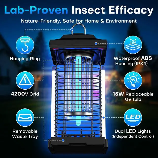 Alt view image 4 of 6 - Bug Zapper Outdoor, Dual Wavelength UV 50000H Lifespan & Dual LED Lamps, 1/2 Acre Coverage, 5 Zaps/Sec, 4200V Electric Mosquito Zapper, IPX4 Waterproof Fly Trap for Indoor Patio Backyard