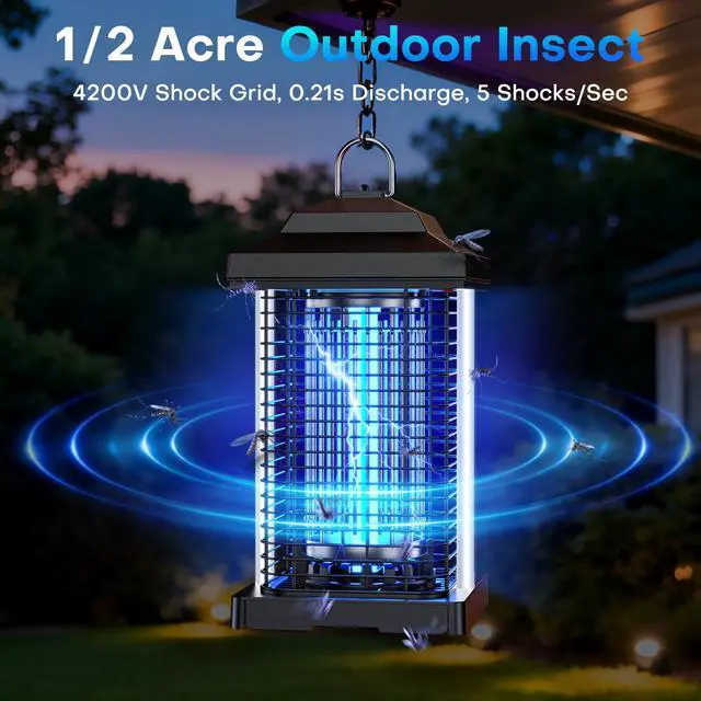 Alt view image 3 of 6 - Bug Zapper Outdoor, Dual Wavelength UV 50000H Lifespan & Dual LED Lamps, 1/2 Acre Coverage, 5 Zaps/Sec, 4200V Electric Mosquito Zapper, IPX4 Waterproof Fly Trap for Indoor Patio Backyard