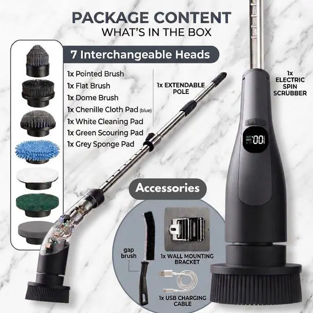 Alt view image 6 of 7 - Electric Spin Scrubber for Bathroom Cleaning, Cordless Power Scrubber with 70W Dual Speed Motor, LCD Display, IPX7 Waterproof, Adjustable Handle, 7 Brush Heads for Tub Tile Shower Kitchen