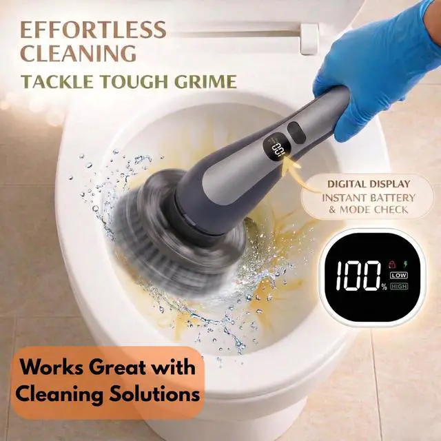 Alt view image 5 of 7 - Electric Spin Scrubber for Bathroom Cleaning, Cordless Power Scrubber with 70W Dual Speed Motor, LCD Display, IPX7 Waterproof, Adjustable Handle, 7 Brush Heads for Tub Tile Shower Kitchen