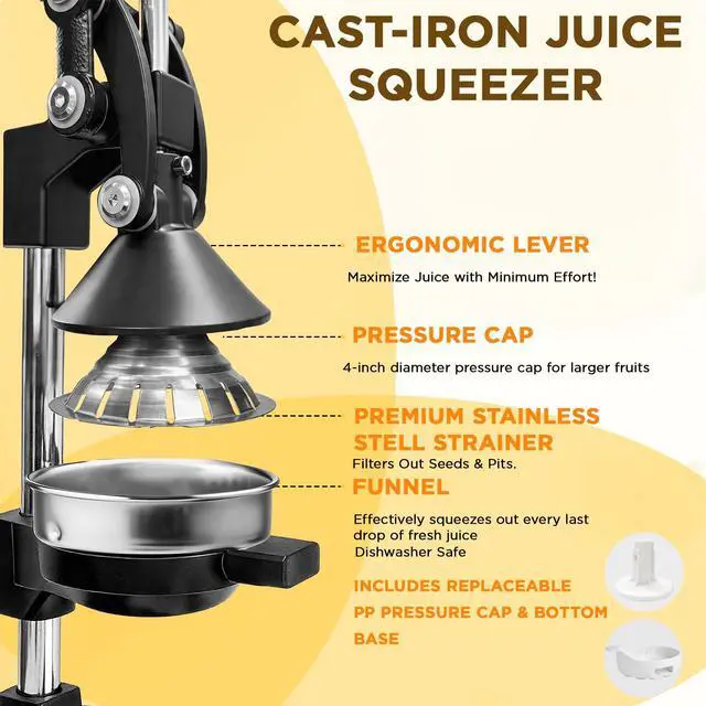 Alt view image 3 of 7 - Cast Iron Juicer,Manual Juicer Hand Press,Orange Lemon Squeezer,Heavy Duty Manual Juicer,Professional Citrus Juicer Fruit Juice -Stainless Steel,Easy to Clean Black