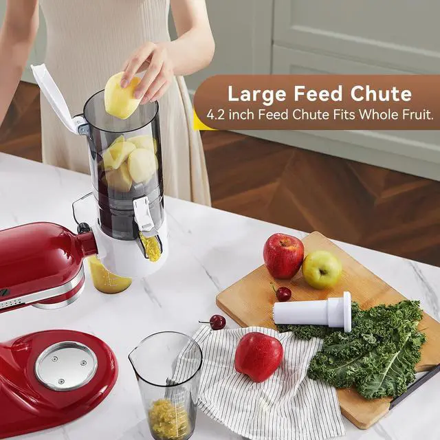 Alt view image 3 of 7 - Masticating Juicer Attachment for KitchenAid Stand Mixer, 4.2" Large Feed Chute Fit Whole Vegetables & Fruits, Slow Cold Press Juicing, Includes 2 * 28oz capacity cups