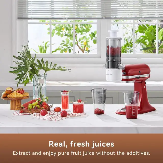 Alt view image 4 of 7 - Masticating Juicer Attachment for KitchenAid Stand Mixer, 4.2" Large Feed Chute Fit Whole Vegetables & Fruits, Slow Cold Press Juicing, Includes 2 * 28oz capacity cups