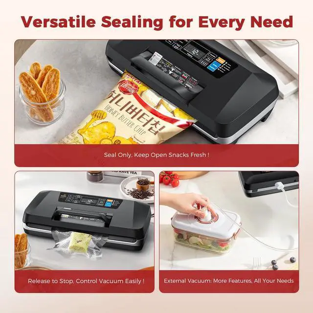 Alt view image 3 of 7 - Upgraded Vacuum Sealer Machine 10-in-1 Food Sealer with Double Heat Seal, 230W 95KPa Powerful Sealer with Easy-Lock Handle, Hose, Built-in Cutter & Bag Storage + Bags (1 Roll + 10 Pre-cut)