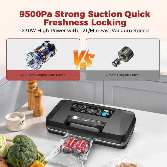 Alt view image 2 of 7 - Vacuum Sealer Machine, Upgraded 230W 95KPa 10-in-1 Food Sealer with Double Heat Seal for Dry Moist Food, Easy-Lock Handle, Hose, Built-in Cutter and Bag Storage + Bags (1 Roll + 10 Pre-cut)