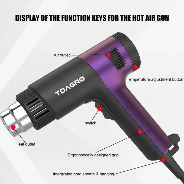 Alt view image 4 of 7 - Heat Gun 1800W - Fast-Heat Hot Air Tool with Adjustable Temperature 122-1202(50-650),Two fan speeds Overload Protection 4 Nozzles for Shrink Tubing,vinyl wrap,crafting,Resin DIY.