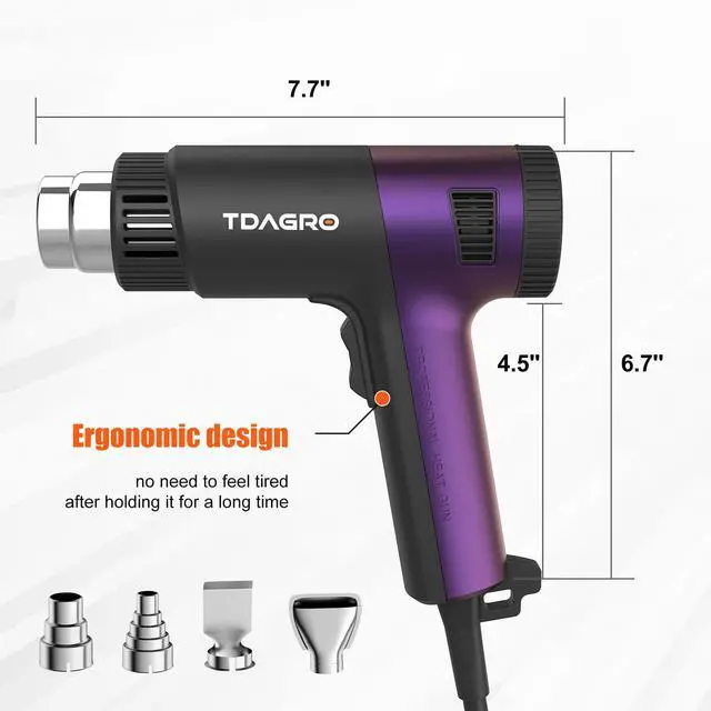 Alt view image 6 of 7 - Heat Gun 1800W - Fast-Heat Hot Air Tool with Adjustable Temperature 122-1202(50-650),Two fan speeds Overload Protection 4 Nozzles for Shrink Tubing,vinyl wrap,crafting,Resin DIY.