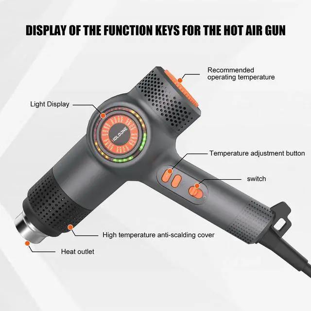 Alt view image 3 of 7 - Heat Gun Fast Heating 1800W 122-1202 LED 3-color light to display temperature Shrink wrap heat gun with 4 Nozzles for Soften,Car film,Drying