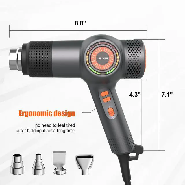 Alt view image 5 of 7 - Heat Gun Fast Heating 1800W 122-1202 LED 3-color light to display temperature Shrink wrap heat gun with 4 Nozzles for Soften,Car film,Drying