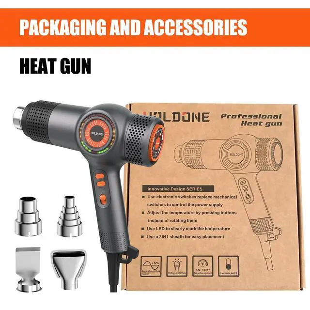 Alt view image 7 of 7 - Heat Gun Fast Heating 1800W 122-1202 LED 3-color light to display temperature Shrink wrap heat gun with 4 Nozzles for Soften,Car film,Drying