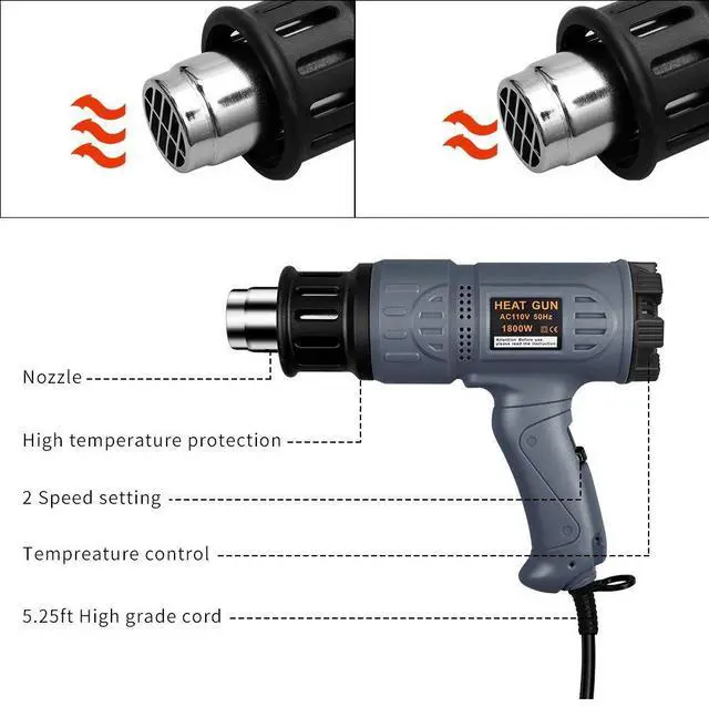 Alt view image 2 of 7 - Industrial Heat Gun 1800W 122-1202(50-650) Variable Temperature Control with 2 Temp-settings, Overheat Protection, 4 Nozzle Attachments for Shrinking PVC, Bending Pipe, Removing Paint