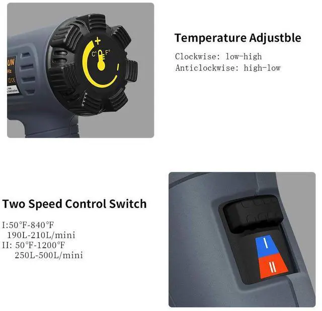 Alt view image 3 of 7 - Industrial Heat Gun 1800W 122-1202(50-650) Variable Temperature Control with 2 Temp-settings, Overheat Protection, 4 Nozzle Attachments for Shrinking PVC, Bending Pipe, Removing Paint