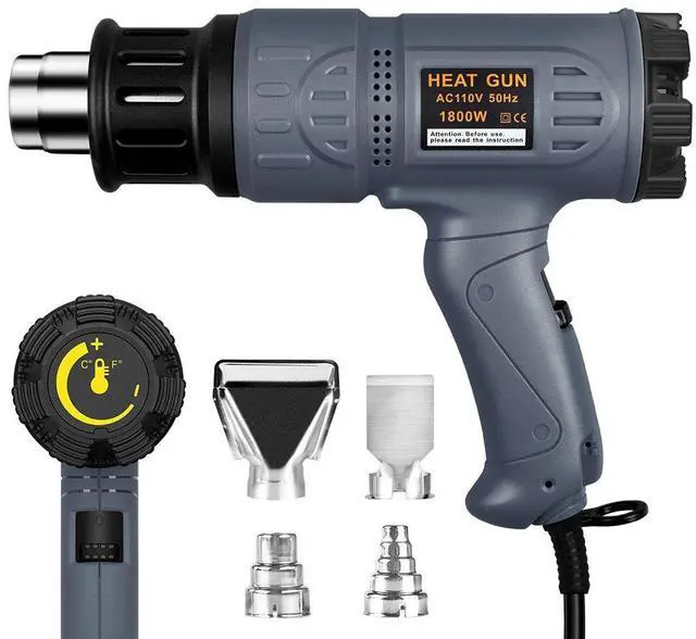 Main image of Industrial Heat Gun 1800W 122-1202(50-650) Variable Temperature Control with 2 Temp-settings, Overheat Protection, 4 Nozzle Attachments for Shrinking PVC, Bending Pipe, Removing Paint