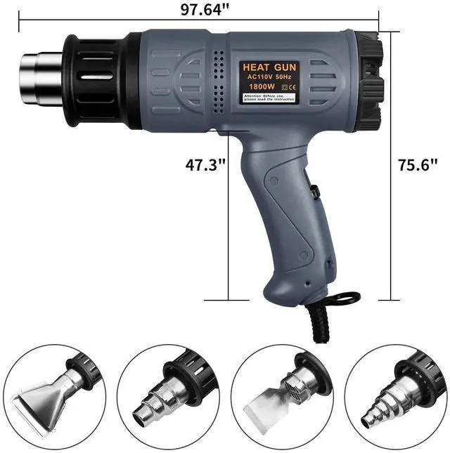 Alt view image 5 of 7 - Industrial Heat Gun 1800W 122-1202(50-650) Variable Temperature Control with 2 Temp-settings, Overheat Protection, 4 Nozzle Attachments for Shrinking PVC, Bending Pipe, Removing Paint