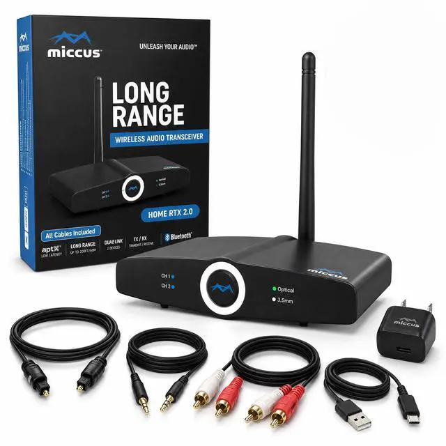 Main image of Long Range Bluetooth Transmitter or Receiver, Audio Only for TV PC Stereo, Connect Speaker, Headphones, Phone, aptX Low Latency Wireless Adapter, Listen in HD No Delay Optical RCA 3.5mm (Home RTX 2.0)