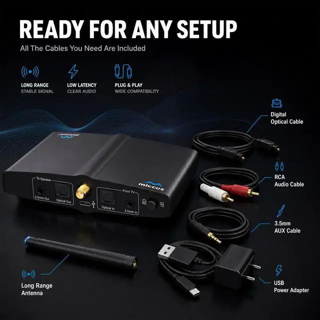 Alt view image 5 of 7 - Long Range Bluetooth Transmitter or Receiver, Audio Only for TV PC Stereo, Connect Speaker, Headphones, Phone, aptX Low Latency Wireless Adapter, Listen in HD No Delay Optical RCA 3.5mm (Home RTX 2.0)