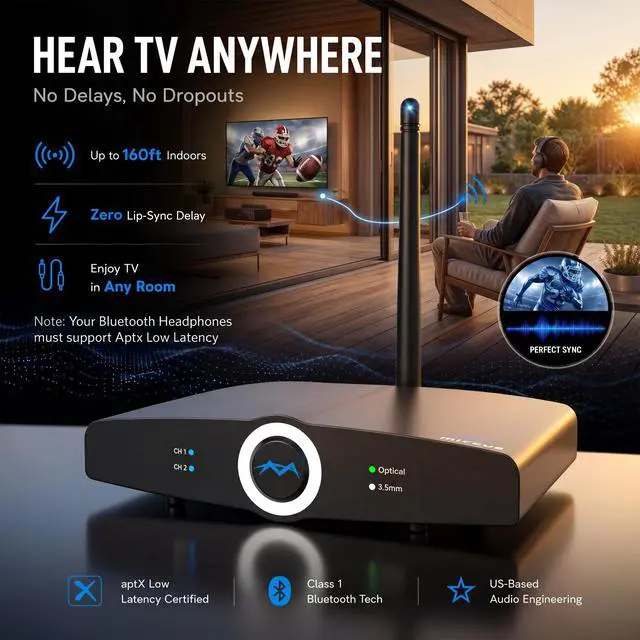 Alt view image 2 of 7 - Long Range Bluetooth Transmitter or Receiver, Audio Only for TV PC Stereo, Connect Speaker, Headphones, Phone, aptX Low Latency Wireless Adapter, Listen in HD No Delay Optical RCA 3.5mm (Home RTX 2.0)