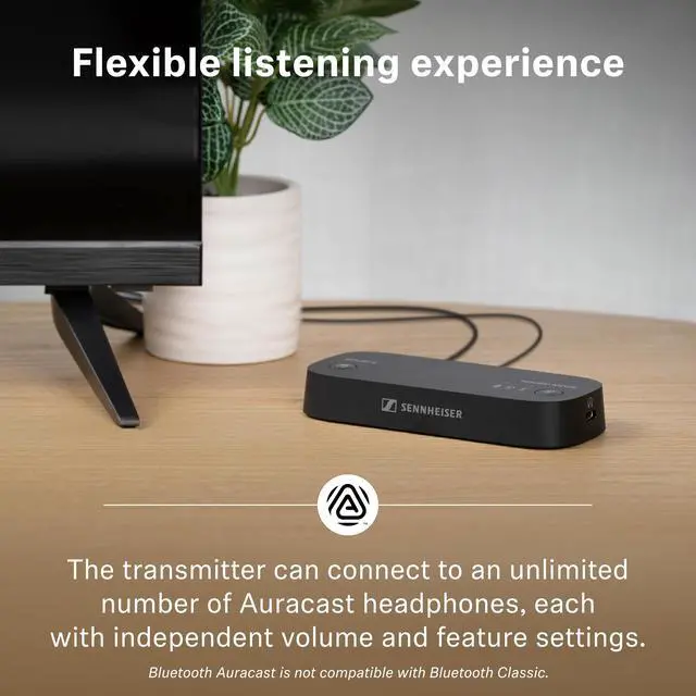 Alt view image 6 of 7 - BTA1 TV Transmitter for Bluetooth Auracast Wireless Headphones - Built-in Virtual Surround Sound and Speech Clarity Modes, HDMI, Optical, Analog Connections, up to 50-Meter Wireless Range