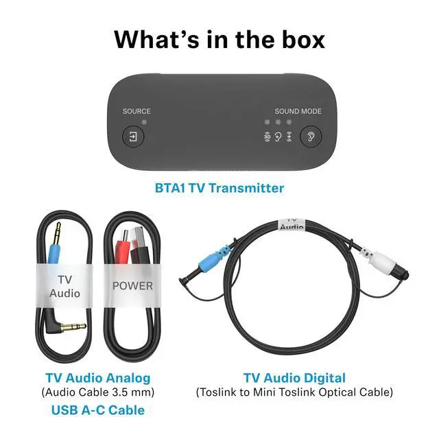 Alt view image 7 of 7 - BTA1 TV Transmitter for Bluetooth Auracast Wireless Headphones - Built-in Virtual Surround Sound and Speech Clarity Modes, HDMI, Optical, Analog Connections, up to 50-Meter Wireless Range