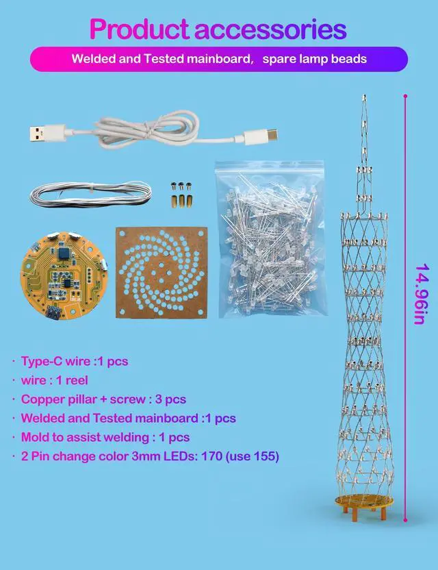 Alt view image 6 of 6 - Led Canton Tower Model DIY Electronic Kit, Handmade Soldering Project Kit, 12 Led Circles, Height 38cm. (GZT12)