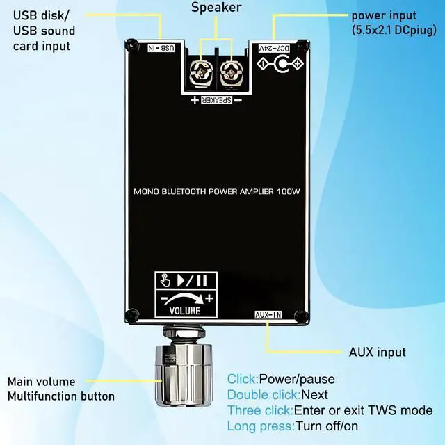 Alt view image 6 of 6 - ZK-1001B Bluetooth 5.1 Audio Amplifier Board with 100W Mono,DC 7-24V Mini Audio Power Amplifier Module,Bluetooth/AUX/USB Input,with Volume Control,DIY Speaker System Kit for Home Car