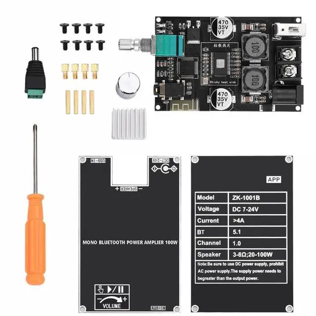 Alt view image 4 of 6 - ZK-1001B Bluetooth 5.1 Audio Amplifier Board with 100W Mono,DC 7-24V Mini Audio Power Amplifier Module,Bluetooth/AUX/USB Input,with Volume Control,DIY Speaker System Kit for Home Car