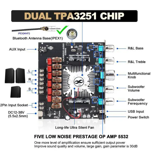 Alt view image 2 of 7 - S350HS TPA3251 Bluetooth Power Amplifier Board with Subwoofer 2.1 Channel 220W×2+350W, 12V-38V Audio Power Amplifier Module with Treble and Bass Control,Black (S350HS)