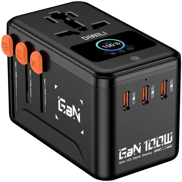 Main image of 100W GaN Universal Travel Adapter with Smart Display, International Power Adapter with 3 USB-C & 1 USB-A Charging Ports, Worldwide Plug Adapter for European US UK AUS (Type C/G/A/I)