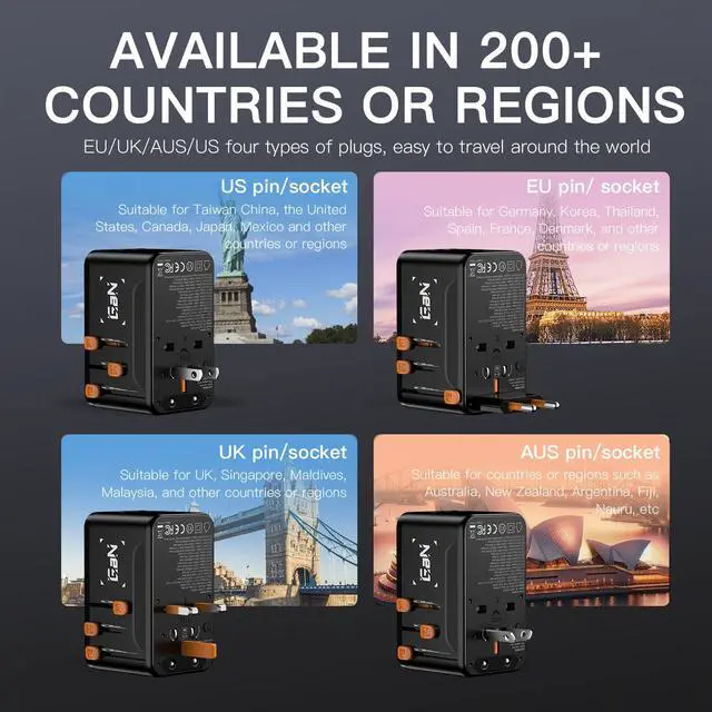 Alt view image 4 of 7 - 100W GaN Universal Travel Adapter with Smart Display, International Power Adapter with 3 USB-C & 1 USB-A Charging Ports, Worldwide Plug Adapter for European US UK AUS (Type C/G/A/I)