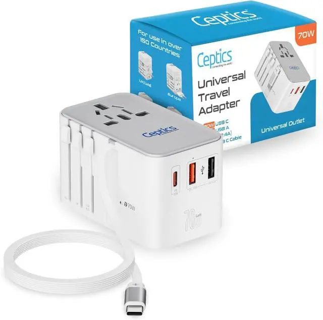 Main image of 70W Universal Adapter, USB-C Cable, 3 USB Ports & Universal Socket