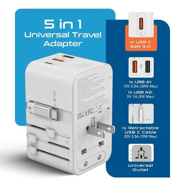 Alt view image 2 of 7 - 70W Universal Adapter, USB-C Cable, 3 USB Ports & Universal Socket