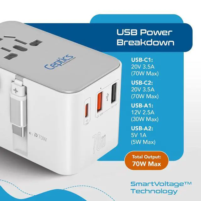 Alt view image 7 of 7 - 70W Universal Adapter, USB-C Cable, 3 USB Ports & Universal Socket