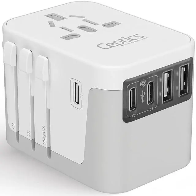 Main image of 6 in 1 Universal Travel Adapter, Universal Outlet w/ 2X USB-A and 3X USB-C 6A, Travel Power Adapter for use in EU, UK, US, AU and More, Universal Plug for Mobiles, Laptops- UP-30KU-WH