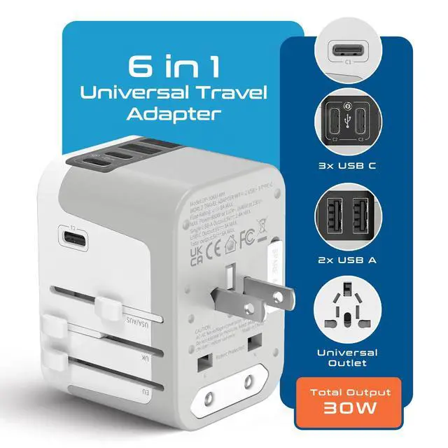 Alt view image 2 of 6 - 6 in 1 Universal Travel Adapter, Universal Outlet w/ 2X USB-A and 3X USB-C 6A, Travel Power Adapter for use in EU, UK, US, AU and More, Universal Plug for Mobiles, Laptops- UP-30KU-WH