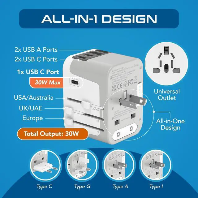 Alt view image 4 of 6 - 6 in 1 Universal Travel Adapter, Universal Outlet w/ 2X USB-A and 3X USB-C 6A, Travel Power Adapter for use in EU, UK, US, AU and More, Universal Plug for Mobiles, Laptops- UP-30KU-WH