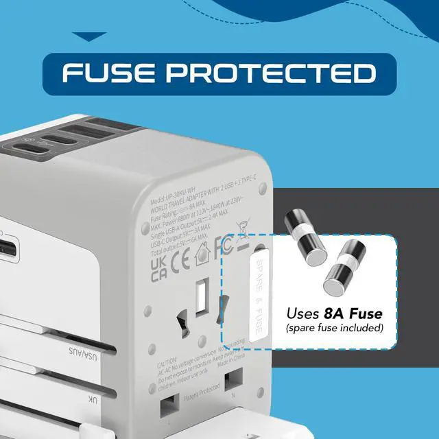 Alt view image 6 of 6 - 6 in 1 Universal Travel Adapter, Universal Outlet w/ 2X USB-A and 3X USB-C 6A, Travel Power Adapter for use in EU, UK, US, AU and More, Universal Plug for Mobiles, Laptops- UP-30KU-WH