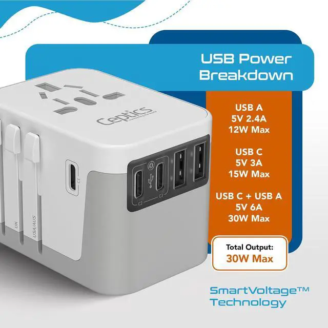 Alt view image 5 of 6 - 6 in 1 Universal Travel Adapter, Universal Outlet w/ 2X USB-A and 3X USB-C 6A, Travel Power Adapter for use in EU, UK, US, AU and More, Universal Plug for Mobiles, Laptops- UP-30KU-WH